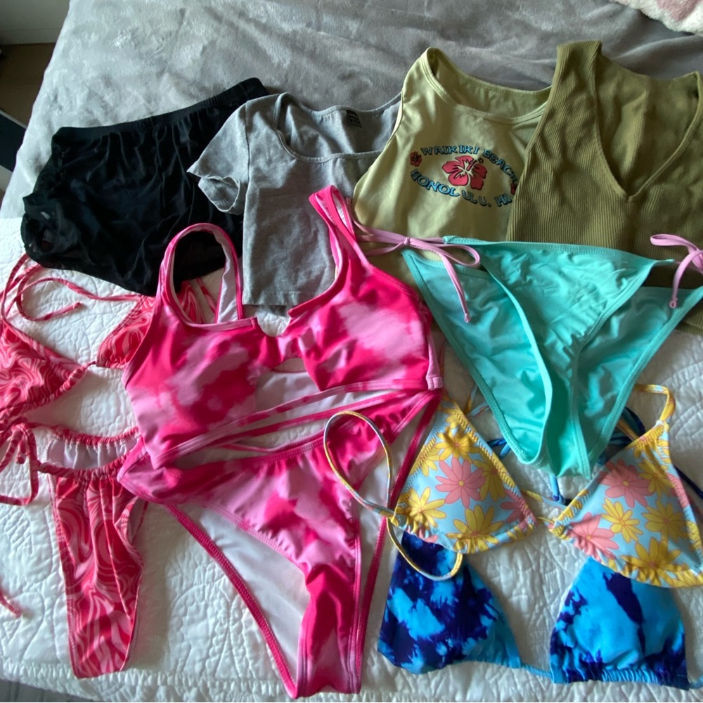 shein bundle (tank tops, bikinis, coverup shorts)